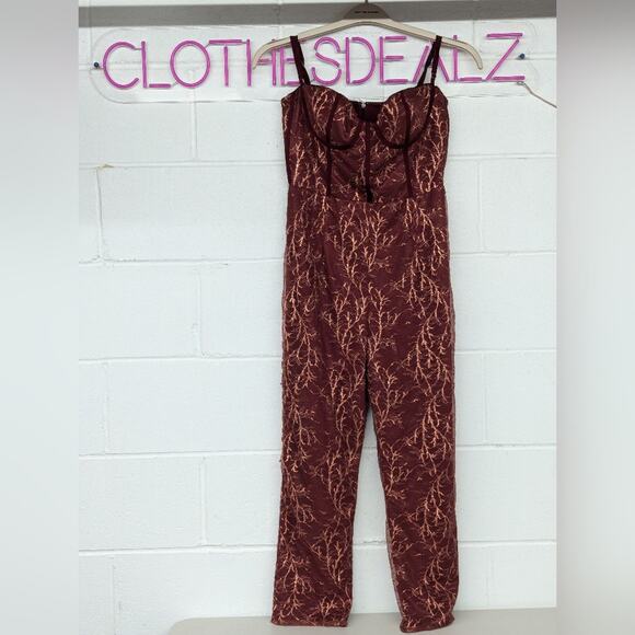 Rtr sz0 Katie May Venus Jumpsuit red wine lace gold shimmer metallic skinny 1 PC - Picture 5 of 13